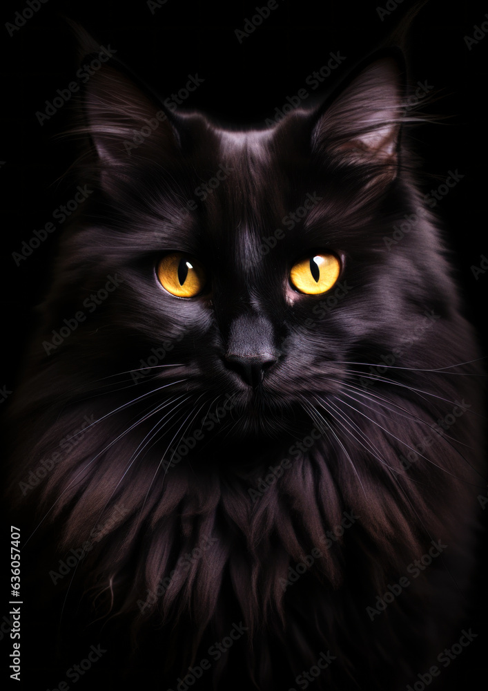 Animal portrait of a siberian black cat on a black background conceptual for frame