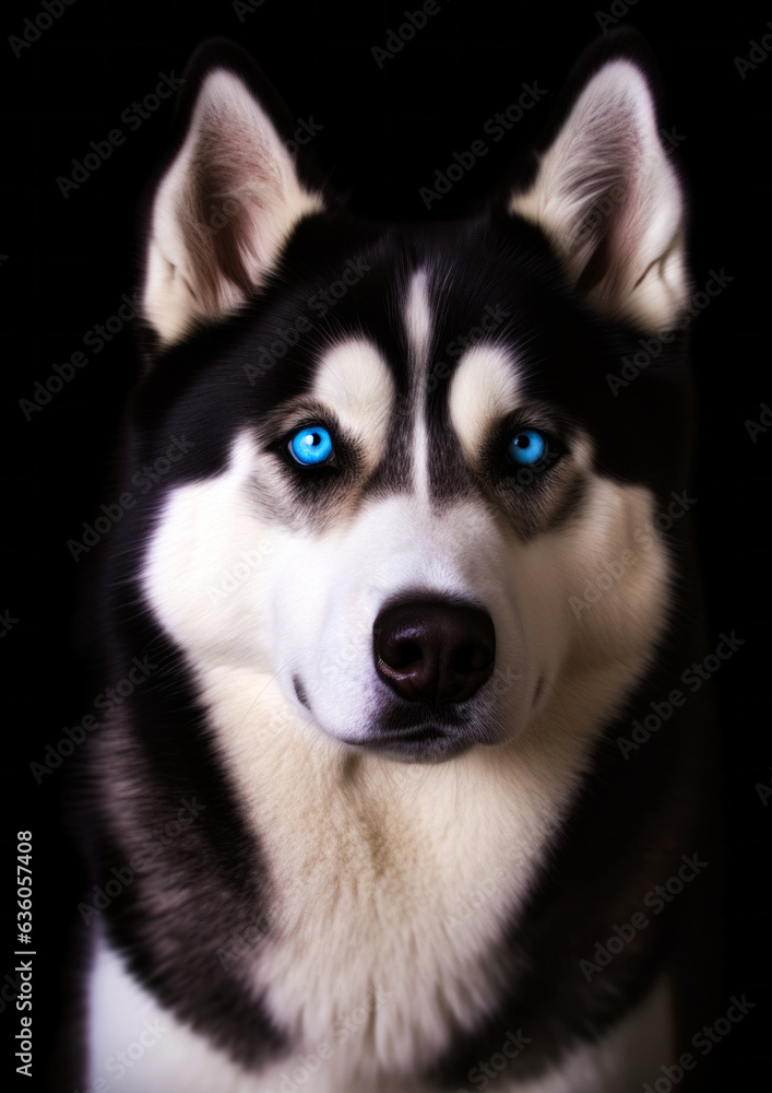Animal portrait of a siberian husky dog on a black background conceptual for frame
