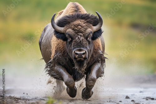 A buffalo running, kicking up dirt and water as it goes