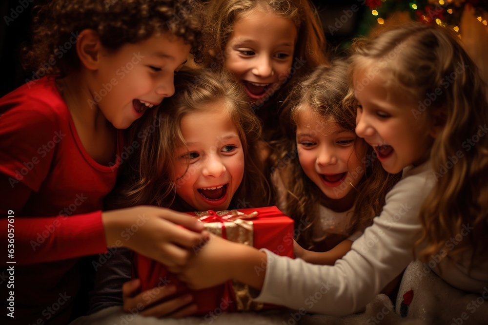 Children screaming with delight receiving gifts for New Year
