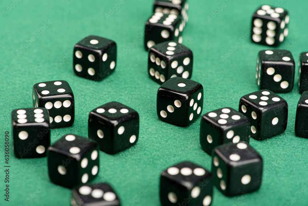 Dice, beautiful dice placed on green felt surface, selective focus. Dice, beautiful dice placed on green felt surface, selective focus.