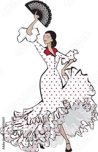 Beautiful Spanish flamenco dancer in flowing white dress with red polka dots and a black fan in her hand