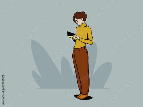 Illustration of cartoon woman using smartphone against photo