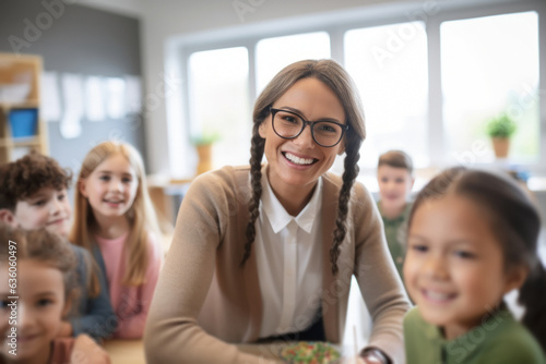 A modern elementary school teacher with pigtails enjoys her profession in a classroom with multiracial children at school.
