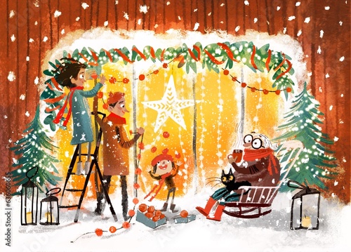 happy family decorated hose for christmas holidays 