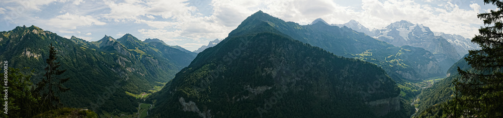 Panorama of swiss alps at Eiger north face Jungfrauregion switzerland, Mountainpeaks, landscapepanorama, viewpoint