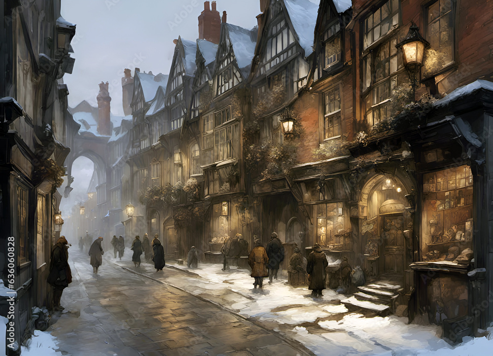 winter scene with a traditional old-fashioned english town street covered in snow with shopper passing illuminated windows at twilight