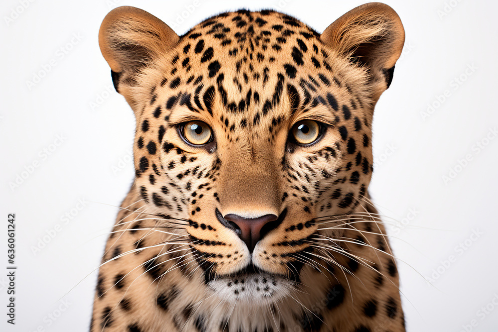 Fototapeta premium Leopard isolated on a white background close-up portrait. Studio animal photography.