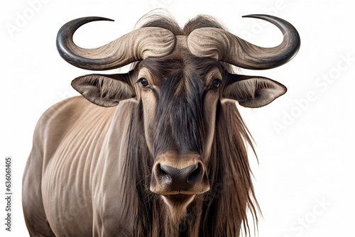 Wildebeest isolated on a white background close-up portrait. Studio animal photography.