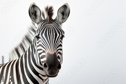 Zebra isolated on a white background close-up portrait. Studio animal photography.