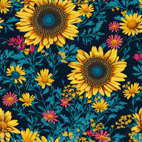 Seamless beautiful fanstastic sunflowers pattern. Generative AI photo