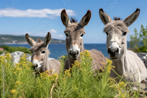 three donkeys in nature on a sunny day.