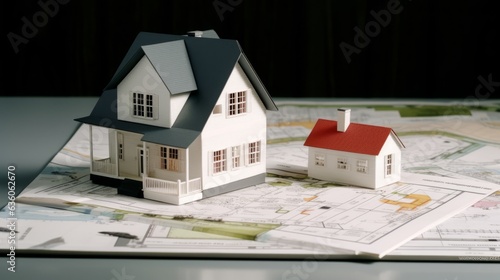 a miniature model of a house on top of some papers