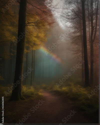 sunrise in the forest  rainbow  foggy weather 
