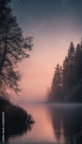 sunrise in the forest, rainbow, foggy weather 