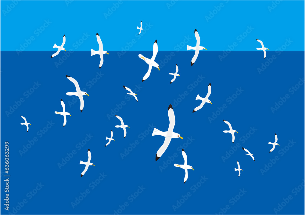 海の上を気持ちよく群れで飛ぶカモメのイラストその2 海の上を気持ちよく群れで飛ぶカモメのイラストその2