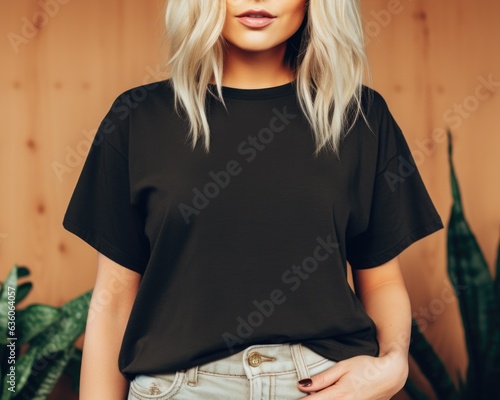 Black Shirt Mockup, Oversized Blank T-Shirt Template, Fashion, Female, Girl, Women, Model, Wearing a Black Tee Shirt, Jeans, Standing In Room With The Plant.	 photo