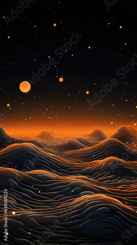 An animated pattern of a desert landscape with orange dots of light ling in the night sky. Abstract wallpaper backgroun