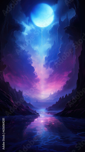 A vibrant blue and purple gradient with a moon shining down from the center casting an ominous glow over Abstract wallpaper backgroun