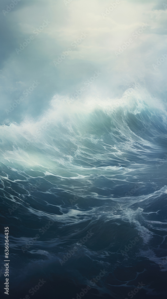 A hazy silhouette of a stormy sea with giant waves and heavy sheets of rain washing over its surface. Abstract wallpaper backgroun