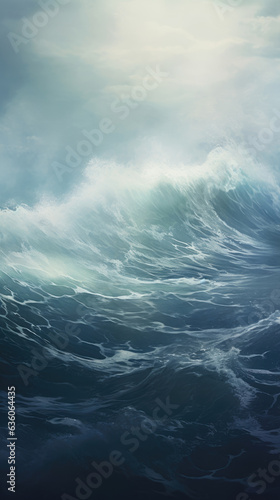 A hazy silhouette of a stormy sea with giant waves and heavy sheets of rain washing over its surface. Abstract wallpaper backgroun
