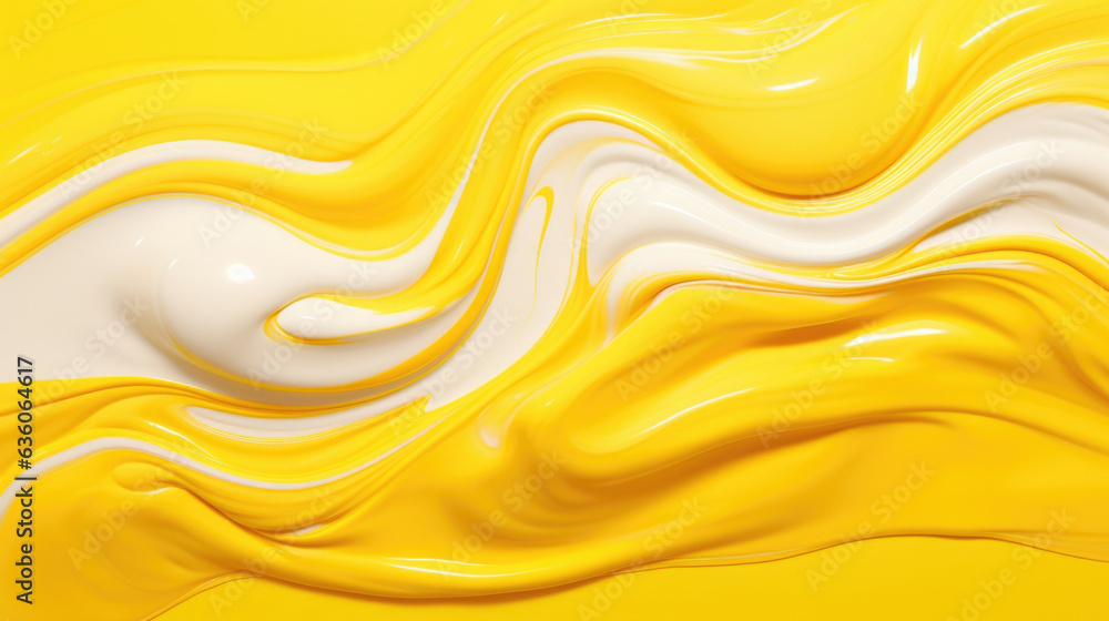 A steady white stream of fluffy creamy liquid dripping down onto a vibrant yellow background. Abstract wallpaper backgroun - obrazy, fototapety, plakaty 