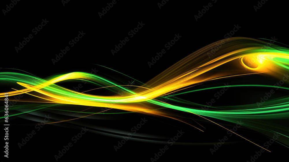 Naklejka premium A series of neon flashes alternating between yellow and green streaming across a black background. Abstract wallpaper backgroun