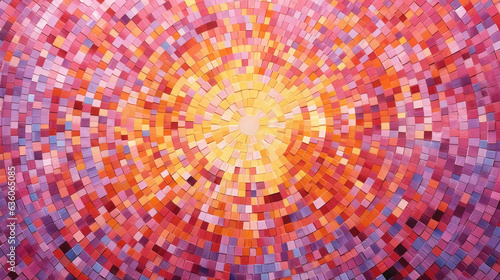 A mosaic of gradually changing hues of orange and pink with a golden sun in the center. Abstract wallpaper backgroun