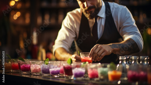 Concept of a tatooed barkeeper crafting some colorful drinks infront of his bar photo