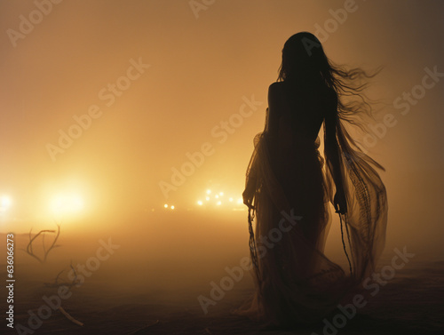 Desert goddess, misty night, wide shot