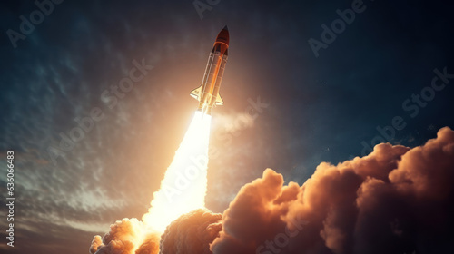 Rocket Launching into Space with Fiery Exhaust Flames illustration.