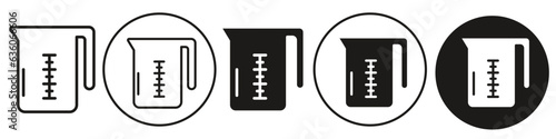 Measuring Cup Icon. Symbol of volume measuring glass or plastic jug for laboratory or scientific capacity of power or liquid. Vector set of beaker in flat outlined style