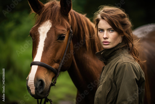 An attractive young woman next to a brown horse with a white stripe on its face