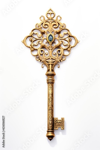 A gold key with a blue eye on it. Digital image.