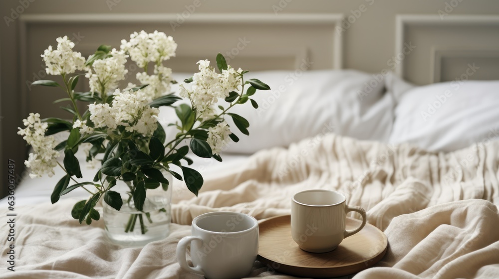 Coffee cup and white flowers on the bed in the morning
