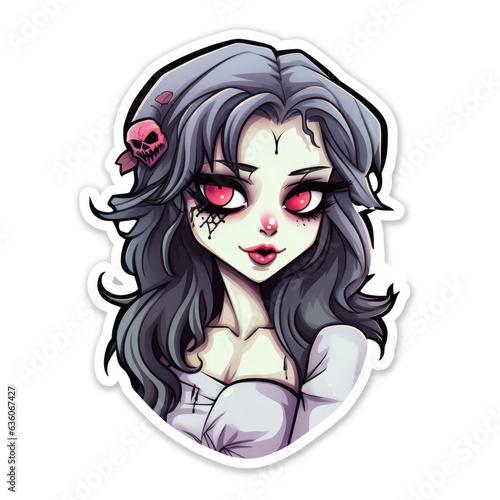 A sticker of a girl with a skull on her head. Digital image.
