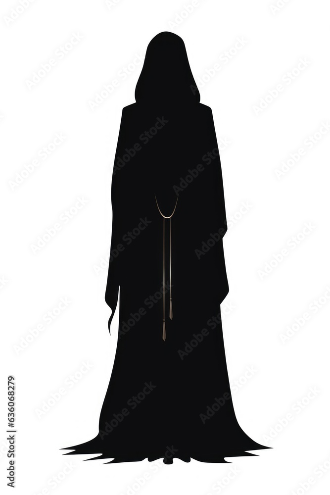 A silhouette of Mother Mary, woman in black robes.
