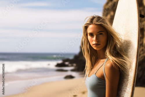 Surfer Girl on beach leaning against a surfboard
