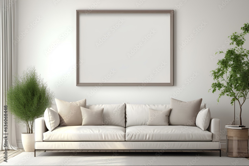Poster frame mock-up in modern living room, furnished home interior background. generative AI Poster frame mock-up in modern living room, furnished home interior background. generative AI