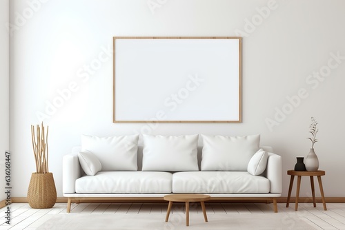 Poster frame mock-up in modern living room, furnished home interior background. generative AI
