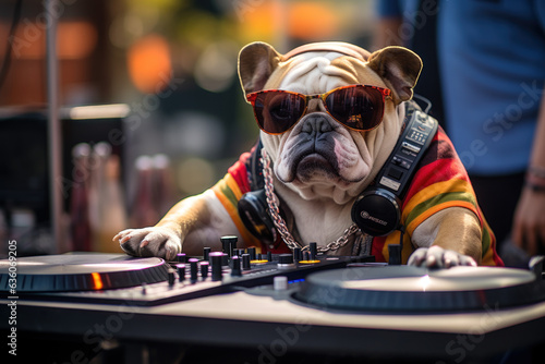 Spinwizard Squintington MacSound: The Groovy Canine - A Bulldog DJ Extraordinaire, Adorned with Oversized Headphones, Surrounded by Turntables, Riding the Electrifying Sound Waves
 photo