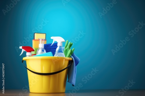 Bucket with cleaning products on the table on a blue background