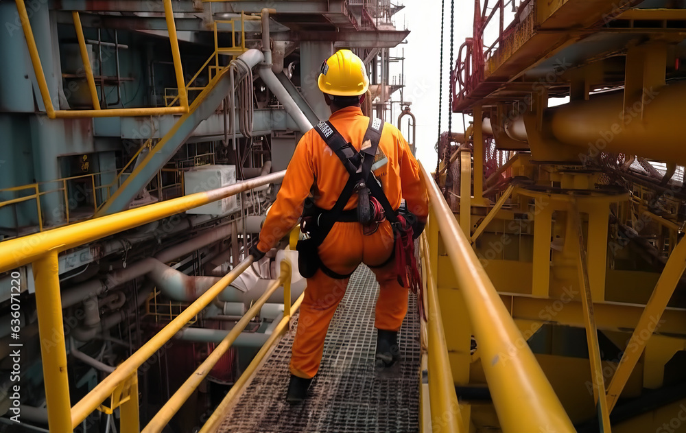 A man in an orange safety suit walking down a ladder at an oil refinery