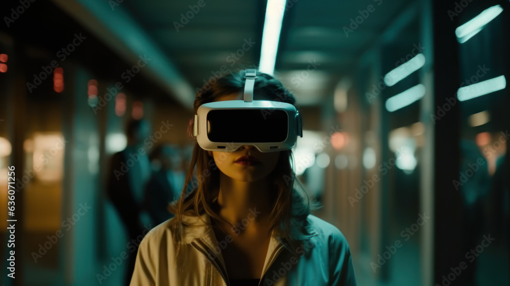 Young woman wearing VR augmented reality goggles in futuristic corridor of virtual art gallery exhibition. NFT and metaverse concept. Young woman wearing VR augmented reality goggles in futuristic corridor of virtual art gallery exhibition. NFT and metaverse concept.