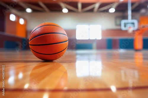 Basketball ball in gym, copy space, closeup, orange bakground © lermont51