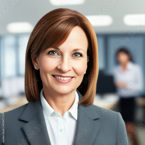 Medium close up portrait of female executive in office, she looks confident and determined. Success, ambition, leadership concept. photo