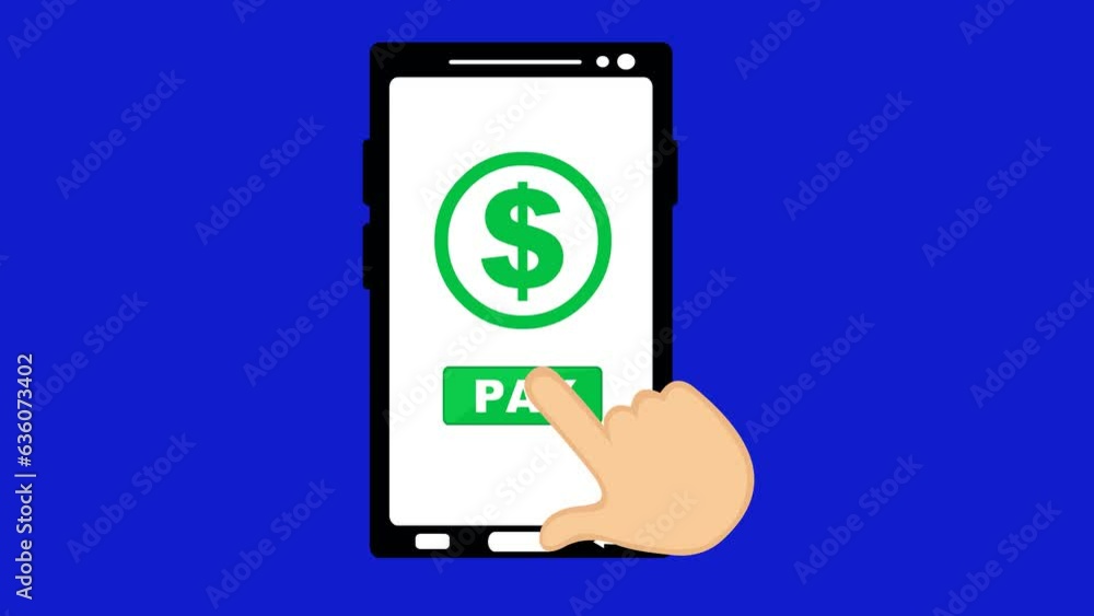 video animation paying or buying online from a mobile phone, from one hand clicking on the pay button. On a blue chroma key background video animation paying or buying online from a mobile phone, from one hand clicking on the pay button. On a blue chroma key background