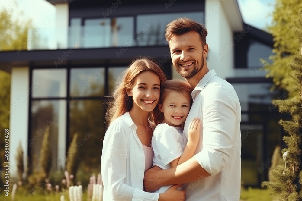 happy young family on the background of a modern new house happy young family on the background of a modern new house