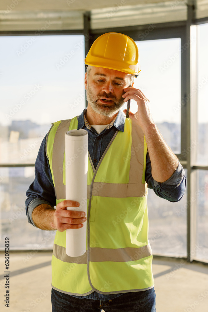 Architect Call Mobile Phone Work Construction Site Architect Call Mobile Phone Work Construction Site