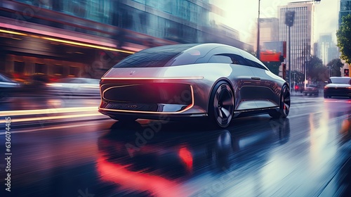 futuristic electric liftback car outside on modern city, street out of focus © medienvirus
